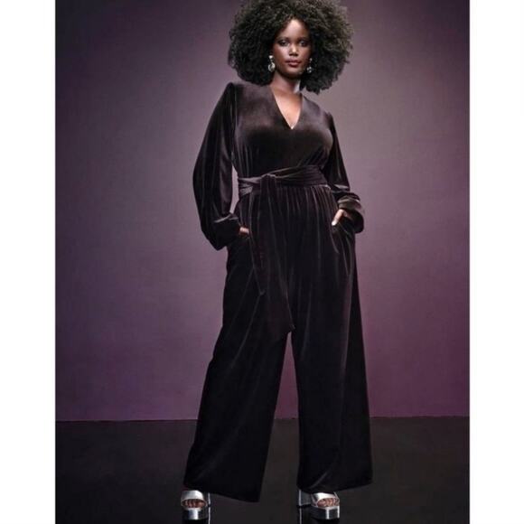 Eloquii Velvet Wide Leg Jumpsuit V-Neck Puff Sleeve Black Holiday 14 - Picture 12 of 12